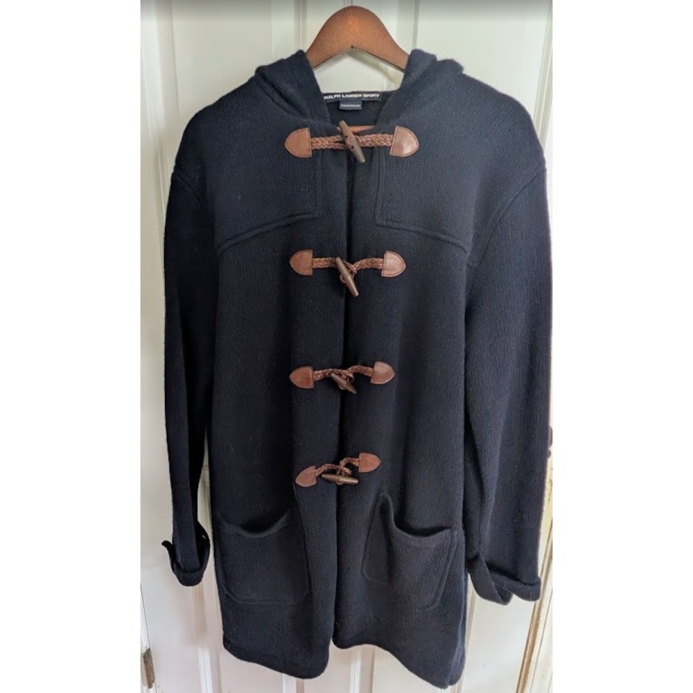 Ralph Lauren Sport Duffle Toggle Hooded Lambswool Sweater Coat Navy Blue Sz L
